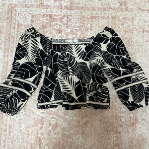 Linen Balloon Sleeve Black and Cream Leaf Print Blouse